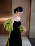 Niulatu Black Strapless Satin Long Prom Dress Evening Dress With Bow HZ1007