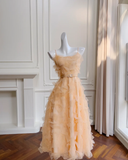Niulatu Orange Spaghetti Straps Tulle A Line Party Dress Midi Prom Evening Dress HZ1007
