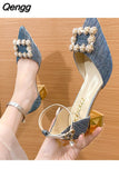 Niulatu High Heels Pumps Women Elegant Pearl Buckle Square Heels Wedding Party Shoes Ladies Pointed Toe Ankle Strap Pumps DJSE