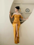 Niulatu Off The Shoulder Yellow Pleated Prom Dress Slit Evening Dress HZ1007