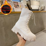 Niulatu Women Motorcycle Boots Wedges Flat Shoes Woman High Heel Platform PU Leather Boots Lace Up Women Shoes Black Boots Girls DJSE