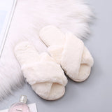 Niulatu Fluffy Slippers Women Cozy Faux Fur Cross Indoor Floor Slides Flat Soft Furry Shoes Ladies Female Celebrities Flip Flops DJSE