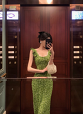 Vintage Mermaid Square Neckline Green Floral Sleeveless 18th Birthday Dress Party Gown Birthday Outfits For Women HZ1214