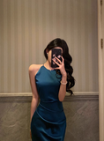 Pretty Mermaid Halter Navy Blue Satin 18th Birthday Dress Party Birthday Outfits For Women HZ1214