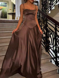 Niulatu A line Spaghetti Straps Pink Satin Long Party Dresses Prom Dresses SD2705
