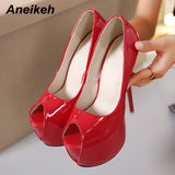 Niulatu Classic Red Wedding Shoes Women Ultra High Heels Platform Thin Heel Shoes Shallow Party Dress Peep Toe Pumps DJSE