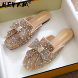 Niulatu Women's Summer Wear 2025 New Flat Bow Muller Shoes Large Size 41-43 Baotou Half Drag Fashion Rhinestone Lazy Shoes DJSE