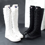 Niulatu 2025 Spring Autumn Women Canvas Casual Shoes Long Knee High Boots Lace-Up Zipper Comfortable Flat Sneakers Small Size DJSE