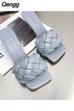 Niulatu Slippers Women Summer Shoes Slides Low Fashion Heeled Mules Pantofle Luxury High 2025 Basic Retro Fabric Rubber Sewin DJSE