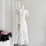 Niulatu High Low Square Neckline White Lace Ruffles Dress Beach Holiday Dresses SD286