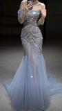 Niulatu Mermaid Off The Shoulder Blue Tulle Silver Beads Long Prom Dresses Formal Evening Dress SD1399