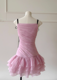 Niulatu Pink A Line Spaghetti Strap Layered Chiffon Homecoming Dress HZ0113