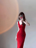 Niulatu Sheath Straps Red Satin Long Prom Dresses Birthday Outfits SD512