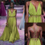 Niulatu Green V Neck Backless Evening Dress A Line Long Prom Dress HZ1007