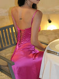 Niulatu A line Spaghetti Straps Pink Satin Long Party Dresses Prom Dresses SD2705
