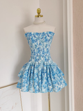 Niulatu A line Strapless Sleeveless Blue Floral Party Dress Short Birthday Outfits SD380