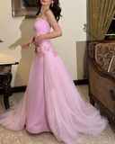 Niulatu Pink Strapless Bow-Knot Long Prom Dress,Tulle Satin Evening Dress HZ1007