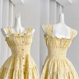 Niulatu A line Strapless Sleeveless Yellow Floral Holiday Dresses Beach Dress Birthday Outfits SD289