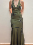Niulatu Halter Satin Beaded Mermaid Evening Dress Sexy Backless Green Prom Dress HZ1007