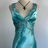 Niulatu V Neck Satin Sequin Formal Prom Dress Backless Evening Dress HZ1007