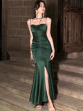 Niulatu Sheath Spaghetti Straps Floor Length Green Satin Prom Dresses Birthday Dress SD452