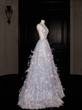 Niulatu V Neck Tulle Beaded Feathers A Line Prom Dress Evening Dress HZ1007