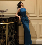 Pretty Mermaid Halter Navy Blue Satin 18th Birthday Dress Party Birthday Outfits For Women HZ1214