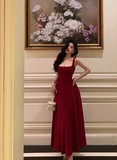 Vintage A Line Square Neckline Burgundy Satin Sleeveless 18th Birthday Dress Party Gown Birthday Outfits For Women HZ1214