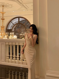 Vintage Sheath V Neckline Champagne Satin Sleeveless 18th Birthday Dress Party Gown Birthday Outfits For Women HZ1214