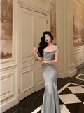 Vintage Mermaid Square Neckline Light Blue Satin Sleeveless 18th Birthday Dress Party Gown Birthday Outfits For Women HZ1214