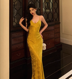 Pretty Mermaid Spaghetti Straps Yellow Satin 18th Birthday Dress Party Birthday Outfits For Womens HZ1214