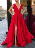 Niulatu v neck satin long prom dress, red evening dress HZ0113