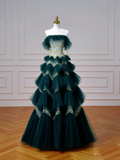 Niulatu Dark Green Tulle Sequins Layered A Line Prom Dress Strapless Evening Dress HZ1007