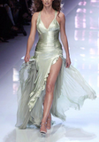 Niulatu Green Satin Tulle Ruffle Prom Evening Dress Slit Party Dress HZ1007