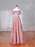 Niulatu Pink Tulle Sequins Beaded A Line Prom Dress Off The Shoulder Long Evening Dress HZ1007