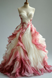 Niulatu Chiffon Beaded Long Prom Dress Gradient Pink Ruched Formal Evening Dress HZ1007