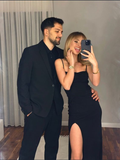 Niulatu Black Spaghetti Straps Long Evening Dress With Split HZ1007