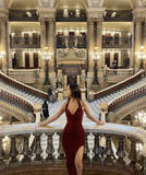 Niulatu V Neck Burgundy Prom Dress With Split Sexy Evening Gown HZ1007