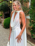 Niulatu White Tulle Deep V Evening Dress Long Party Dress HZ1007