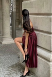 Niulatu A Line Straps Burgundy Satin Long Prom Dress Evening Dress HZ1007