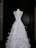 Niulatu V Neck Tulle Beaded Feathers A Line Prom Dress Evening Dress HZ1007