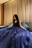 Niulatu V Neck Navy Blue Tulle Long Prom Dress Navy Blue Formal Evening Dresses Long HZ1007