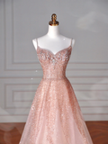 Niulatu Pink Tulle Sequins Beaded Prom Dress Spaghetti Straps A Line Evening Dress HZ1007
