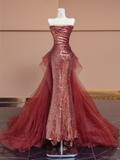 Niulatu Mermaid Strapless Red Sequin Tulle Long Prom Dress Party Dress HZ0113