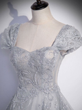 Niulatu Gray Tulle Sequin Long Prom Dress Gray Formal Evening Dress HZ1007