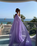 Niulatu Purple V Neck Tulle Prom Dress Long Evening Gown HZ1007