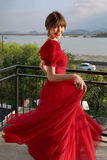 Niulatu Red Tulle A Line Prom Dress Long Evening Dress HZ1007