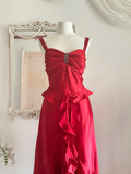 Niulatu Red A Line Straps Ruffle Satin Prom Dress Wedding Guest Dress with Slit HZ0113