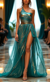 Niulatu One Shoulder Green Tulle Slit Long Prom Dress Evening Dress HZ1007
