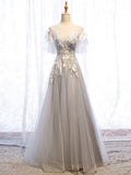 Niulatu round neck tulle lace long prom dress gray tulle formal dress HZ1110